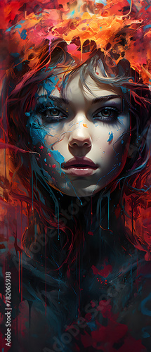 Surreal portrait of a woman with vibrant splashes: Artistic expression of human emotions