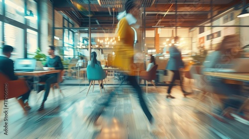 Motion blur captures the dynamic atmosphere in a bustling co-working space filled with professionals and entrepreneurs