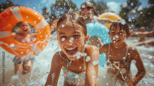 Wallpaper Mural Kids playing together in the pool. Summer fun in the water. Summertime activities creative background.  Torontodigital.ca