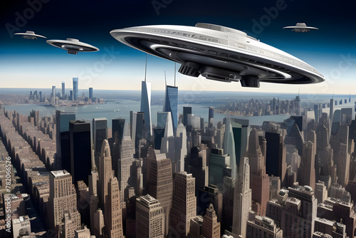 Alien spaceship invasion force flying over generic cityscape.  Generative AI