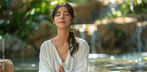 Woman meditating in a yoga ...