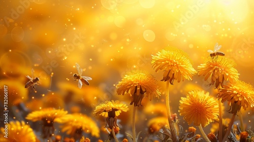 Vibrant Summer Scene with Dandelions  Bees  and Dragonfly Generative AI