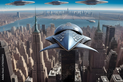 Alien spaceship invasion force flying over generic cityscape.  Generative AI