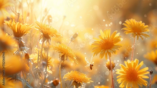 Vibrant Summer Banner with Dandelions  Bees  and Dragonfly Generative AI