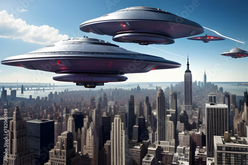 Alien spaceship invasion force flying over generic cityscape.  Generative AI