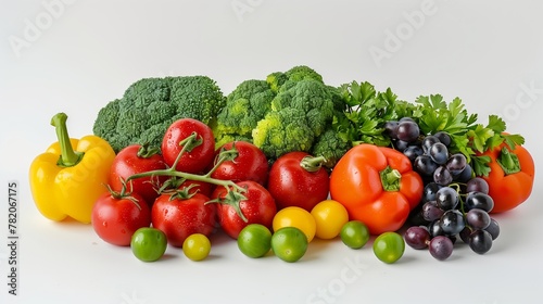 Set of fresh vegetables and grapes on a white background