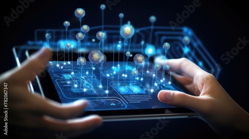 Finger touching tablet with web technology icons concept