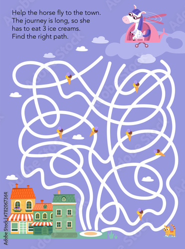 Maze game, activity for children. Vector illustration. Tracing of paths. Cartoon cute characters.