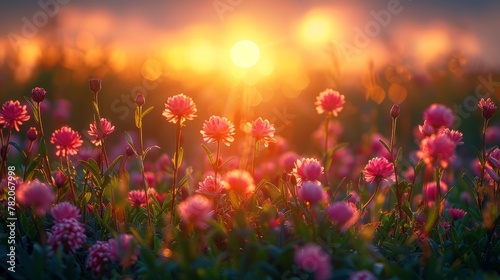 Vibrant Wildflowers Swaying in Sunlit Meadow on Warm Summer Evening Generative AI © Alexander