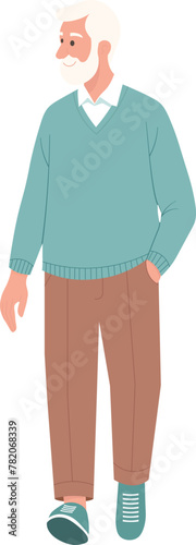 An elderly man with gray hair and a beard walks and looks to the side. Vector flat illustration