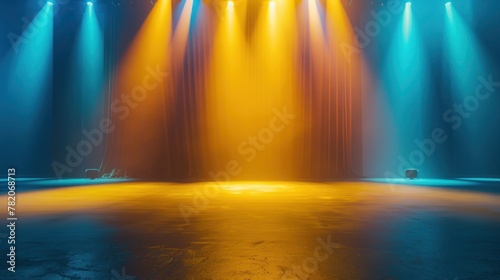 Empty modern stage with bright background for performance, stage lighting with blue and yellow spotlights for dance performance photo