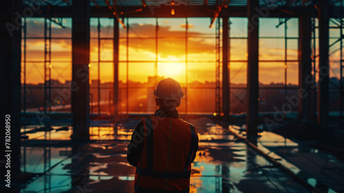 Back view of a young engineer inspecting work in a pre-construction building