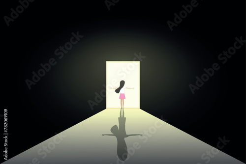The girl who comes out of the darkness and walks to the door of light