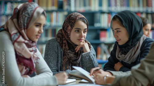 Mixed-race and Middle Eastern women meet for a study group session at the library photo