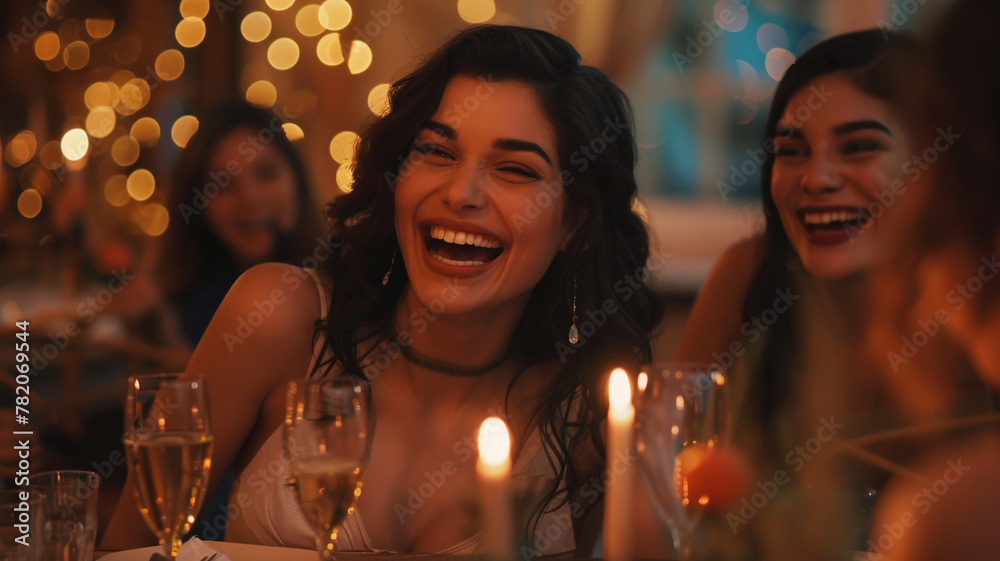 Beautiful woman laughing while having dinner with friends Beautiful woman laughing while having dinner with friends