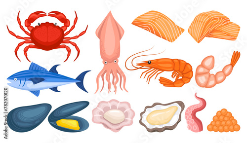 Seafood illustration vector bundle. Seafood vector cartoon set icon. Vector illustration icon fish food on white background. Seafood illustration vector bundle