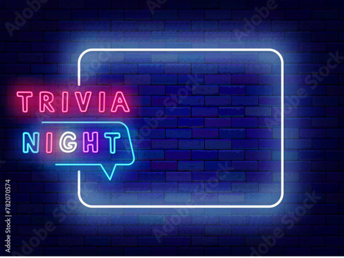 Trivia night neon poster. Quiz time banner. Greeting card. Empty white frame and colorful typography. Tv show event. Glowing flyer. Copy space. Editable stroke. Vector stock illustration