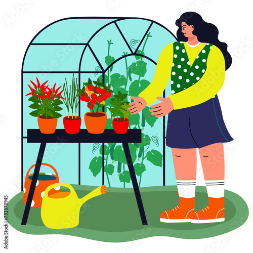 An illustration of a woman, plants, and a greenhouse in the background. Hand-drawn flat vector illustration of trendy people with greenery.