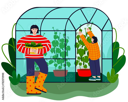 An illustration of two women and a greenhouse in the background. Hand-drawn flat vector illustration of trendy people with greenery.