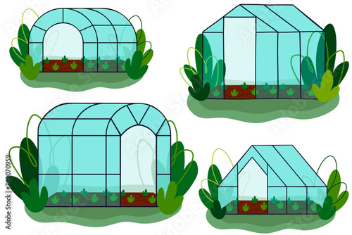 A set of different-shaped greenhouses. Hand-drawn flat vector illustration with greenery.