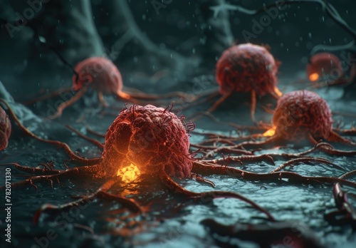 A single glowing cancer cell with sprawling tentacles stands out ominously in the dark watery environment, symbolizing threat and invasion. photo