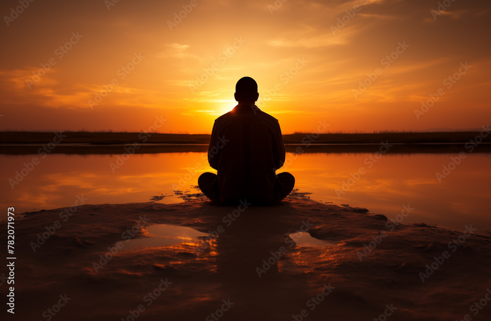 Prayer concept. Silhouette of a man in a praying pose. Set against a vibrant sunset sunrise sky. Back view. Clasped hands. Also related to evangelical, baptism, witness, proclamation, spirituality