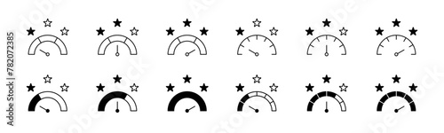 Rating scale icon set. Feedback speedometer with star. Review score with star photo