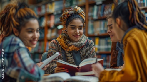 Women of mixed-race and Middle Eastern descent meet for a study session at the library photo