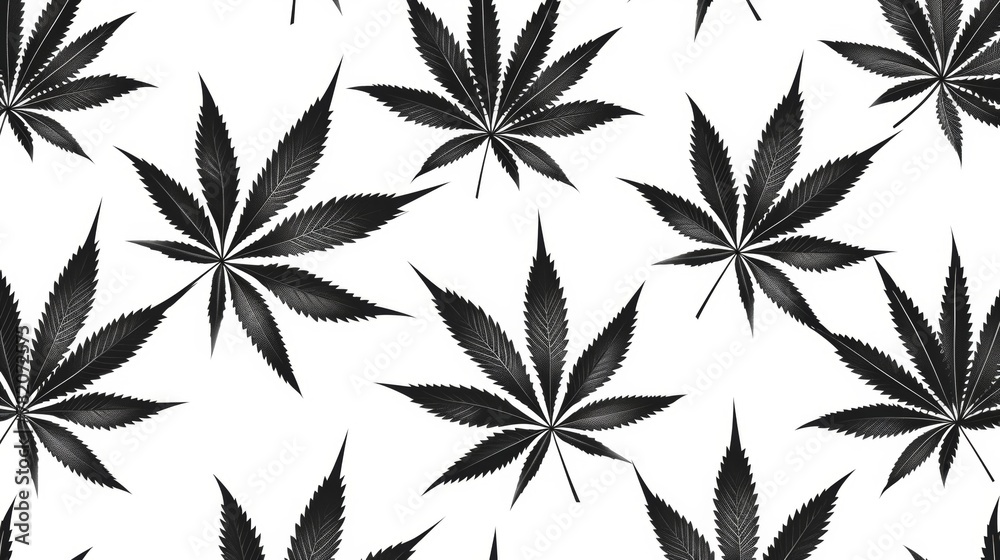 Vector illustration of cannabis plant leaf background seamless pattern.