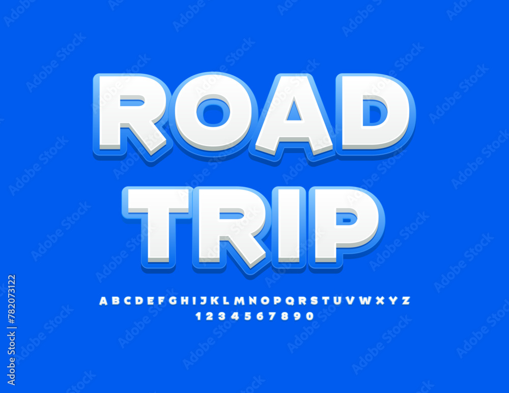 road_tripVector travel emblem Road Trip. Bright Creative Font. Modern Alphabet Letters and Numbers set. 