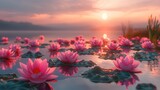 Serene Morning on Lotus Lake at Sunrise Generative AI