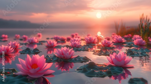 Serene Morning on Lotus Lake at Sunrise Generative AI © Alexander