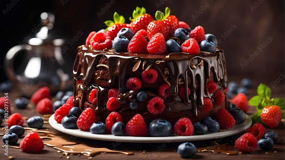 A chocolate cake with chocolate syrup decorated with strawberries, raspberries, and blueberries}}}} Photorealistic Images prompt structure will be in this format A chocolate cake with chocolate syrup decorated with strawberries, raspberries, and blueberries}}}} Photorealistic Images prompt structure will be in this format
