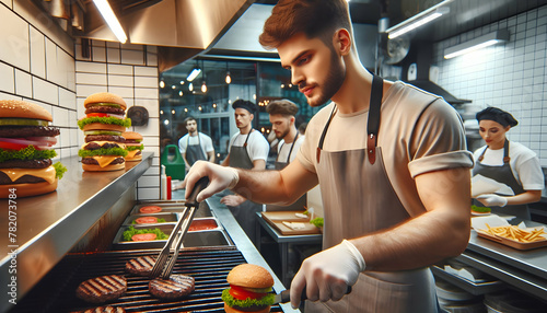 Photo realistic image of a grill master expertly flipping burgers with precision in a busy diner, captured in a candid daily work environment photo