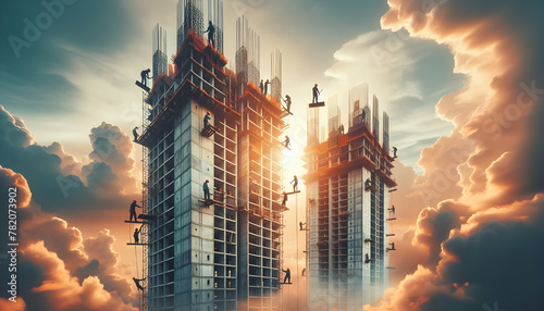 Photo Realistic High Rise Harmony: Workers Scaling Heights and Creating Towers Against the Clouds in Candid Daily Work Environment photo