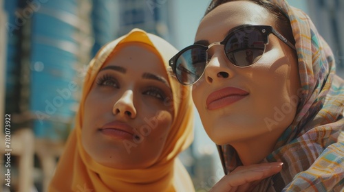 Two friends,  one mixed-race and one Middle Eastern,  explore a new city together photo