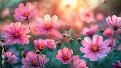 Vibrant Cosmos Blooms Bathed in Sunlight Generative AI