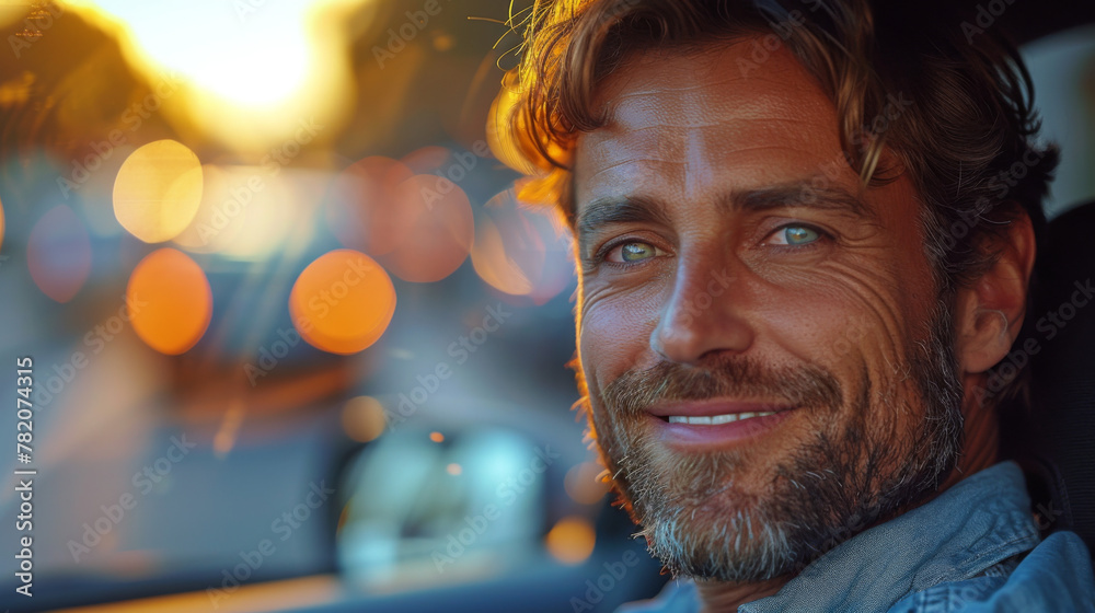 Mid adult man smiling while driving car and looking at mirror for reverse. Happy man feeling comfortable sitting on driver seat in his new car. Smiling mature businessman with seat belt on driving. Mid adult man smiling while driving car and looking at mirror for reverse. Happy man feeling comfortable sitting on driver seat in his new car. Smiling mature businessman with seat belt on driving.