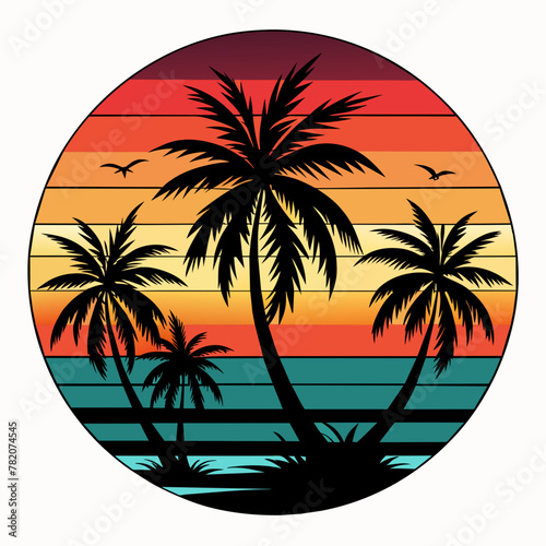Vintage Retro Sunset Vector T-Shirt Design  Black Silhouette Illustration with Palm Trees   Autumn Vibes  Isolated on White Background