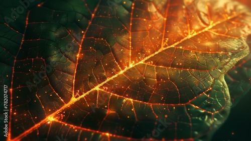 a conceptual realistic image of a huge leaf that is backlit with IT AI elements fused with it in a creative artistic way that has fractal structure