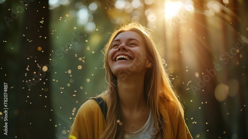 A smiling female enjoy outdoors in spring field with plant flower grass in allergy season