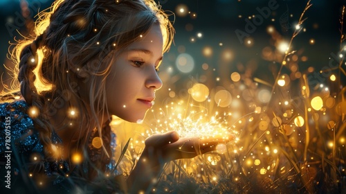 A young girl with her hand out in the grass looking at sparkles, AI