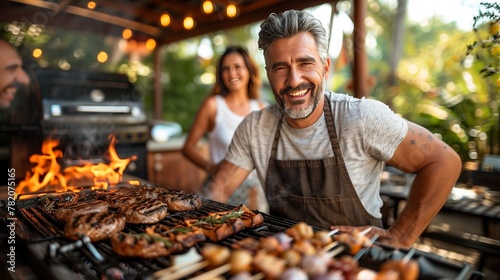 Man in chef hat smiles while cooking natural foods on barbecue grill photo