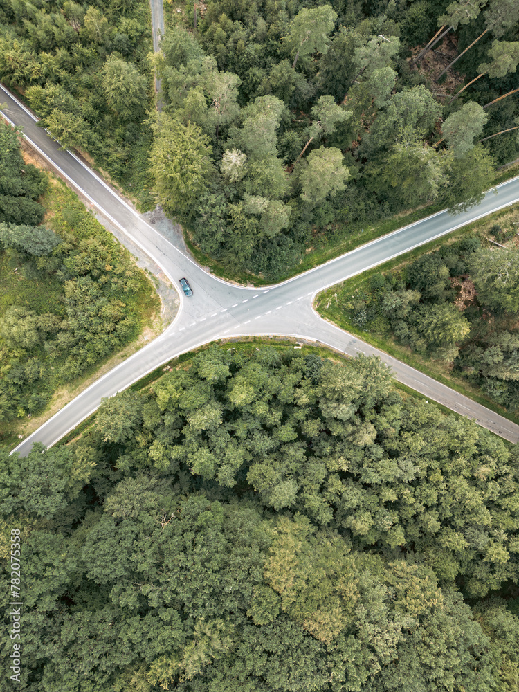 aerial view of a intersection in the forest