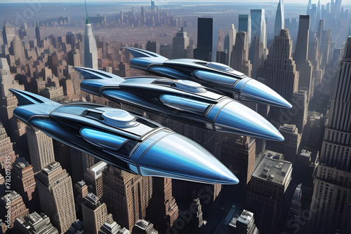 Alien spaceship invasion force flying over generic cityscape.  Generative AI