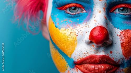 A woman with painted face and clown makeup on her lips, AI