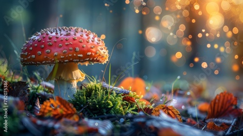 A red mushroom sitting on top of a pile of leaves, AI