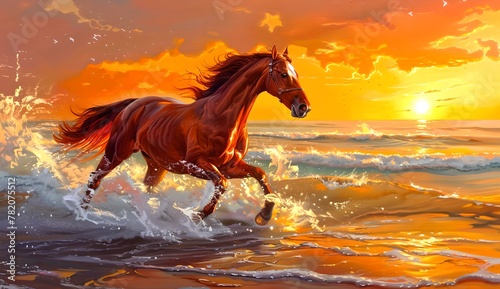 Majestic chestnut horse galloping freely on a golden beach at sunset. Vibrant, picturesque scene capturing the essence of freedom and nature's beauty. Ideal for equine-themed decor. AI photo