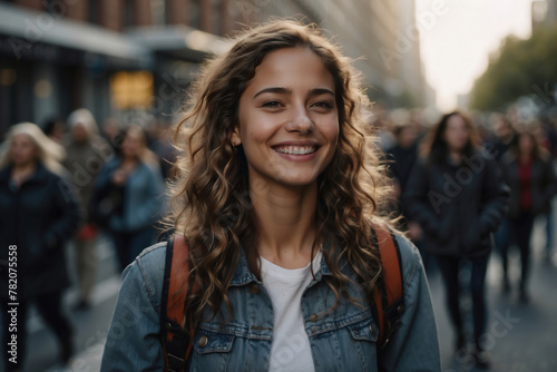 Lebensfrohe junge Frau mit strahlendem Lächeln steht inmitten einer Menschenmenge auf der Straße.