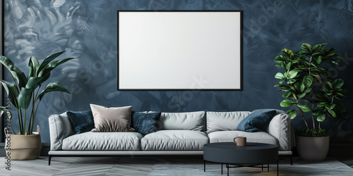 Mockup frame in living room interior background. 3d render. photo